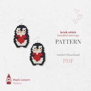Pode incluir: Dois brincos de contas em forma de pinguim com desenhos de coração vermelho. Os brincos são pretos, brancos e vermelhos, com ganchos prateados. A imagem também inclui o texto "brick stitch beaded earrings PATTERN" e "Instant Download PDF".