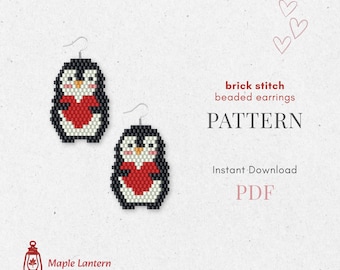 Schema per orecchini con perline a forma di pinguino e cuore, punto mattoncino kawaii, schema per perline, download PDF