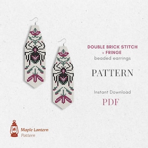 May include: Two beaded earrings with a white background. The earrings have a rectangular shape with a design of a black insect, pink flowers, and green leaves. The text "DOUBLE BRICK STITCH + FRINGE beaded earrings PATTERN" is also visible.