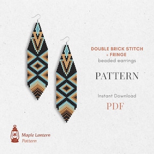 May include: Two beaded earrings with a double brick stitch and fringe design. The earrings feature a black, turquoise, and tan geometric pattern. The image also includes the text "DOUBLE BRICK STITCH + FRINGE beaded earrings PATTERN Instant Download PDF".
