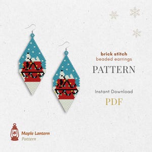 May include: A pair of diamond-shaped brick stitch beaded earrings featuring a red house with a white roof and colorful string lights against a blue snowy background. The text reads brick stitch beaded earrings PATTERN Instant Download PDF.