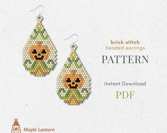 Pumpkin bead earrings pattern, fall brick stitch, autumn scheme, pdf download, boho, botanical, spooky