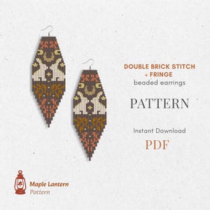 May include: Two beaded earrings with a double brick stitch and fringe design. The earrings feature a pattern of white, brown, and orange beads. The text on the image reads "DOUBLE BRICK STITCH + FRINGE beaded earrings PATTERN Instant Download PDF".