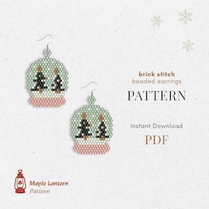 May include: Two beaded earrings in a snow globe design. The earrings are light green with a pink base and feature two black Christmas trees. The image also includes the text "brick stitch beaded earrings PATTERN" and "Instant Download PDF".