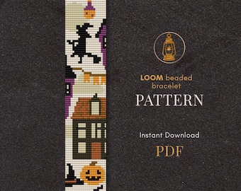 Halloween Bead Loom Bracelet Pattern, spooky scheme, pdf download, fall scheme, witch, pumpkin, boho