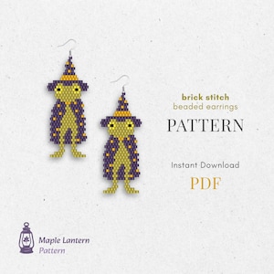 May include: A pair of beaded earrings in a whimsical frog design. The earrings feature a yellow body, a purple cape with yellow accents, and a pointed hat. The text "brick stitch beaded earrings PATTERN" is visible.