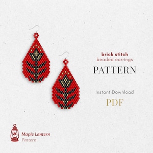 Peut inclure: Boucles d'oreilles en perles rouges, point de brique, avec des accents noirs et dorés. Les boucles d'oreilles ont une forme de goutte d'eau et un motif floral. Le texte "brick stitch beaded earrings PATTERN Instant Download PDF" est également présent.