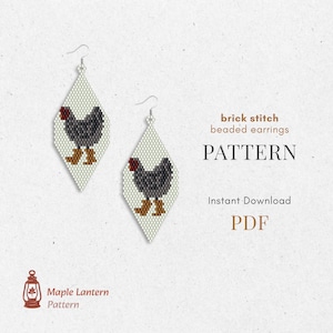 May include: Two beaded earrings with a chicken design. The earrings are diamond-shaped with a light background and a black chicken with red accents and brown feet. The text "brick stitch beaded earrings PATTERN" is also visible.