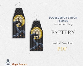 Nightmare Beaded Fringe Earrings Pattern: Halloween Brick Stitch (PDF Download), spooky scheme, pumpkin, fall