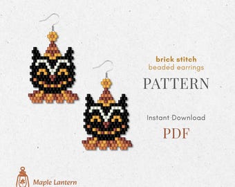 Ohrring-Anleitung für schwarze Katzenperlen, Halloween-Brick-Stitch, PDF-Download, gruseliges Design, Herbst, Vintage