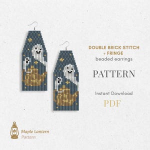 May include: A digital pattern for double brick stitch and fringe beaded earrings featuring a dark gray background with white ghosts and gold teapots. The text reads DOUBLE BRICK STITCH + FRINGE beaded earrings PATTERN Instant Download PDF.