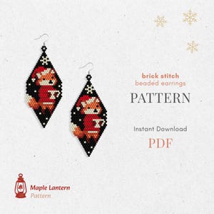 May include: Two beaded earrings with a fox design. The earrings are diamond-shaped with a black background and a red fox wearing a Santa hat. The text "brick stitch beaded earrings PATTERN" is also visible.