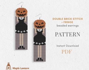 Pumpkin Head Girl Beaded Fringe Earrings Pattern: Halloween Brick Stitch (PDF Download), spooky scheme
