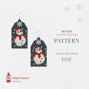 May include: Two beaded earrings with a snowman design. The earrings are dark blue with a white snowman wearing a red scarf and hat. The text "PEYOTE beaded earrings PATTERN" is also visible.