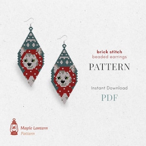 May include: A digital PDF pattern for brick stitch beaded earrings featuring a diamond-shaped design with a white cat wearing a red scarf and a dark teal background. The text reads brick stitch beaded earrings PATTERN Instant Download PDF Maple Lantern Pattern.