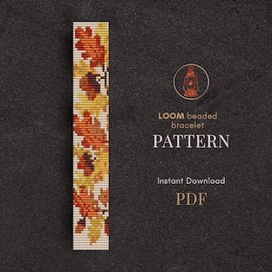 May include: A beaded bracelet pattern featuring autumn leaves in shades of orange, yellow, and brown. The pattern is displayed vertically against a dark background. Text reads "LOOM beaded bracelet PATTERN Instant Download PDF."