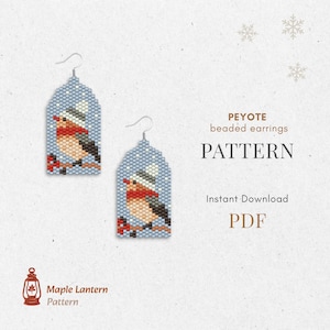 Könnte beinhalten: Peyote-Perlenohrringe-Muster mit einem Wintervogel-Design. Die Ohrringe sind hellblau mit einem Vogel, der einen Hut trägt und auf einem Ast sitzt. Der Text auf dem Bild lautet "PATTERN" und "PDF".