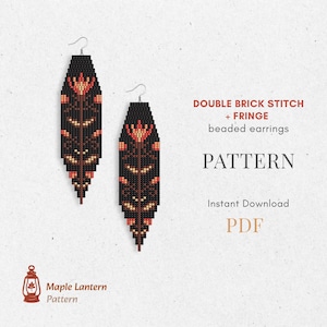 May include: Two beaded earrings with a black background and a floral design in shades of red, orange, and brown. The earrings are long and narrow, with a pointed bottom. The text on the image reads "DOUBLE BRICK STITCH + FRINGE beaded earrings PATTERN Instant Download PDF".