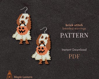 Ghost Cocker Spaniel bead earrings pattern, Halloween brick stitch, fall scheme, pdf download, spooky