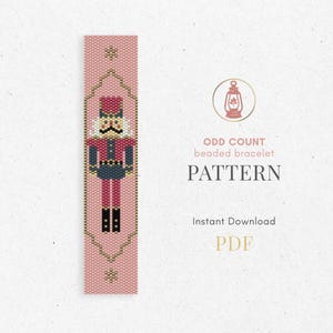 May include: A beaded bracelet pattern with a nutcracker design. The pattern has a vertical format with a pink background and a gold border. The text "ODD COUNT beaded bracelet PATTERN" is also visible.