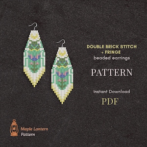 May include: Two beaded earrings with a double brick stitch and fringe design. The earrings feature a pattern of green, yellow, and blue beads. The image also includes the text "DOUBLE BRICK STITCH + FRINGE beaded earrings PATTERN Instant Download PDF".