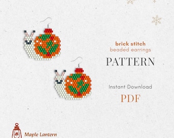 May include: A pair of brick stitch beaded earrings in a pattern. The earrings are designed as a snail with a white body, black eyes, and a pumpkin-shaped shell in orange, green, and red. The text "brick stitch beaded earrings PATTERN" is visible.