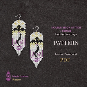 May include: A digital pattern for double brick stitch and fringe beaded earrings. The design features a black bird silhouette against a white, yellow, and purple grid background. Text reads: DOUBLE BRICK STITCH + FRINGE beaded earrings PATTERN Instant Download PDF Maple Lantern Pattern.