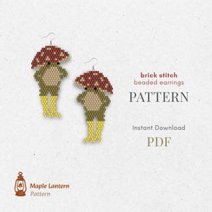 May include: Two beaded earrings in the shape of a mushroom-headed frog. The earrings have a red and brown mushroom cap, a tan body, and yellow boots. The text "brick stitch beaded earrings PATTERN" is also visible.