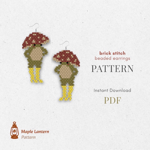 Mushroom Frog bead earrings pattern, Amanita brick stitch, witch scheme, pdf download, whimsical, toad