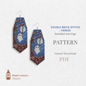 May include: A pair of beaded earrings featuring a double brick stitch and fringe pattern with a ghost in a forest scene under a full moon. The text reads: DOUBLE BRICK STITCH + FRINGE beaded earrings PATTERN Instant Download PDF Maple Lantern Pattern.