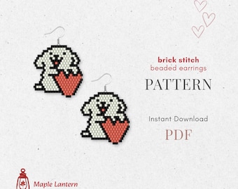 Schema per orecchini con perline a forma di cane e cuore, punto mattoncino kawaii, schema per perline, download PDF