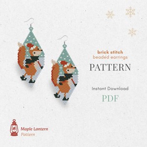 May include: A pair of beaded earrings in a diamond shape, featuring a fox design with a red hat and black scarf. The earrings are made with brick stitch and the image includes the text "PATTERN" and "Instant Download PDF".