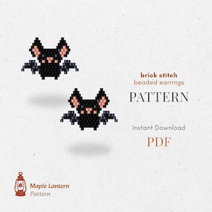 May include: A pattern for brick stitch beaded earrings featuring two pixelated black bats with pink and grey accents. The text reads "brick stitch beaded earrings PATTERN Instant Download PDF" and "Maple Lantern Pattern".