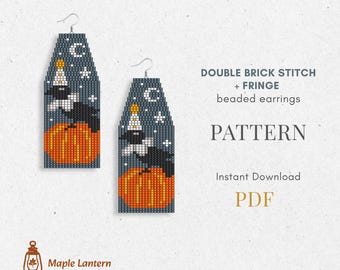 Clown Raven on Pumpkin Beaded Fringe Earrings Pattern: Halloween Brick Stitch (PDF Download), spooky