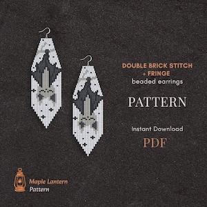 May include: Two beaded earrings with a black and gray bat design, with a white background and black star accents. The earrings are made using the double brick stitch and fringe technique. Text on the image reads "DOUBLE BRICK STITCH + FRINGE beaded earrings PATTERN Instant Download PDF".
