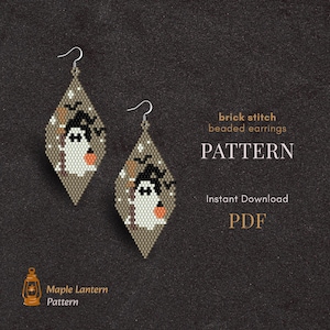 May include: A pair of diamond-shaped brick stitch beaded earrings featuring a white ghost graphic with a black hat and an orange pumpkin. The text reads brick stitch beaded earrings PATTERN Instant Download PDF Maple Lantern Pattern.