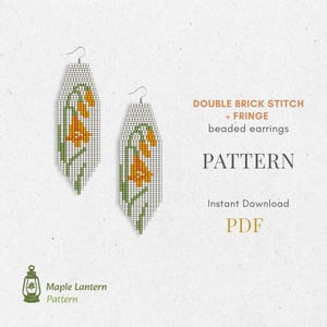 May include: Two beaded earrings with a floral design. The earrings are white with orange and green floral patterns. The image also includes text that reads "DOUBLE BRICK STITCH + FRINGE beaded earrings PATTERN Instant Download PDF".