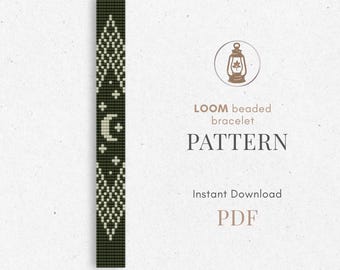 May include: A beaded bracelet pattern in a PDF format. The bracelet design features a dark green background with white and off-white geometric patterns, including a crescent moon and stars. The text reads "LOOM beaded bracelet PATTERN".