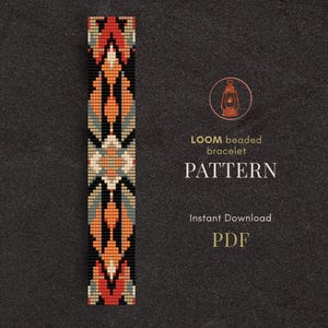 May include: A loom beaded bracelet pattern in a PDF format. The design features a symmetrical pattern with red, orange, black, and cream-colored beads. The text on the image reads "LOOM beaded bracelet PATTERN Instant Download PDF."