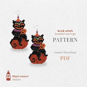 May include: Two beaded earrings in a Halloween cat design. The earrings are black with orange and purple accents, featuring a cat wearing a witch hat and holding a pumpkin. The text "brick stitch beaded earrings PATTERN" is visible.