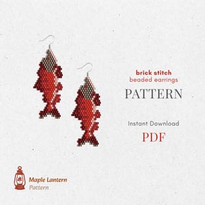 May include: Two beaded earrings in a fish shape, primarily red with white and gray accents. The earrings are made using a brick stitch technique. The image includes the text "brick stitch beaded earrings PATTERN PDF".