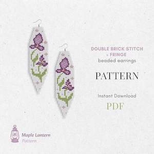May include: Two beaded earrings with a floral design. The earrings are white with a purple flower and green leaves. The text on the image reads "DOUBLE BRICK STITCH + FRINGE beaded earrings PATTERN Instant Download PDF".