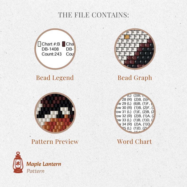 Pu&ograve; includere: Un file digitale con un motivo a perline per una lanterna di acero. L'immagine include una legenda delle perline, un grafico delle perline, un'anteprima del motivo e una tabella di parole. Il testo sull'immagine recita "THE FILE CONTAINS:" e "Maple Lantern Pattern".