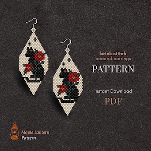 May include: A pair of beaded earrings with a black cat and red rose design. The earrings are teardrop-shaped with a cream-colored background and black and red accents. The image also includes the text "brick stitch beaded earrings PATTERN" and "Instant Download PDF".