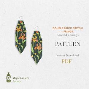 May include: Two beaded earrings with a floral pattern in shades of green, orange, and yellow. The earrings are long and narrow, with a fringe at the bottom. The text on the image reads "DOUBLE BRICK STITCH + FRINGE beaded earrings PATTERN Instant Download PDF".