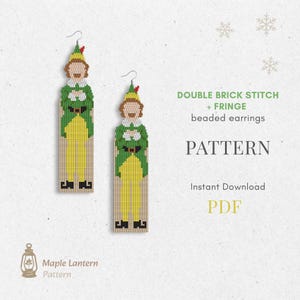 May include: Two beaded earrings in the shape of an elf, with green, yellow, and brown beads. The earrings are long and rectangular, with a hook at the top. The text "DOUBLE BRICK STITCH + FRINGE beaded earrings PATTERN" is also visible.
