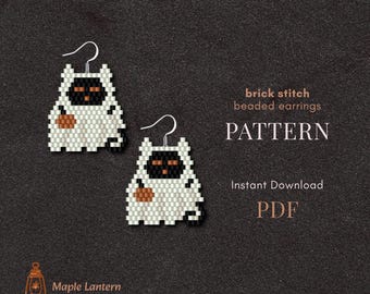 Ghost Black Cat bead earrings pattern, Halloween brick stitch, fall scheme, pdf download, spooky