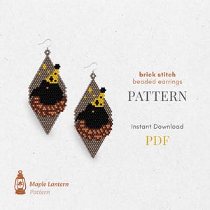 May include: Two beaded earrings with a diamond shape. Each earring features a black cat with a yellow party hat, set against a brown and tan background. The text "brick stitch beaded earrings PATTERN" is visible.