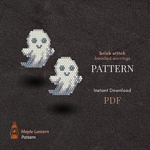 May include: A pair of beaded ghost earrings in a brick stitch pattern. The earrings are white with light blue accents and feature smiling faces. The image also includes the text "brick stitch beaded earrings PATTERN Instant Download PDF".