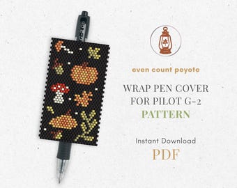 Autumn bead wrap pen pilot g2 cover pattern, Halloween even count peyote, pumpkin scheme